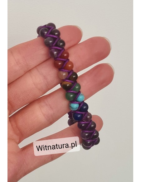 AMETYST + MIX KAMIENI, CZAKRY, REGULOWANE NA SZNURKU, BRANSOLETKA KULKI 6 mm