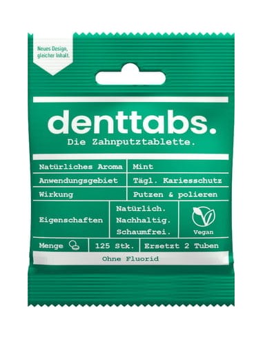 TABLETKI DO MYCIA ZĘBÓW ZE STEWIĄ, BEZ FLUORU, MIĘTOWE, OPAKOWANIE BIODEGRADOWALNE, ZERO WASTE, 125SZT., DENTTABS