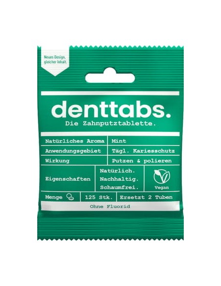 TABLETKI DO MYCIA ZĘBÓW ZE STEWIĄ, BEZ FLUORU, MIĘTOWE, OPAKOWANIE BIODEGRADOWALNE, ZERO WASTE, 125SZT., DENTTABS