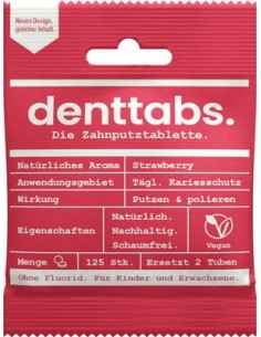 TABLETKI DO MYCIA ZĘBÓW DLA DZIECI TRUSKAWKOWE, BEZ FLUORU, MIĘTOWE, OPAKOWANIE BIODEGRADOWALNE, ZERO WASTE, 125SZT. DENTTABS