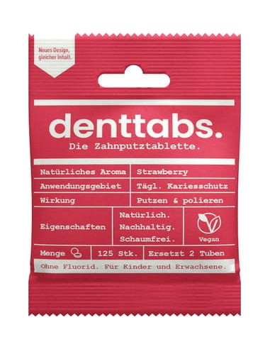 TABLETKI DO MYCIA ZĘBÓW DLA DZIECI TRUSKAWKOWE, BEZ FLUORU, MIĘTOWE, OPAKOWANIE BIODEGRADOWALNE, ZERO WASTE, 125SZT. DENTTABS