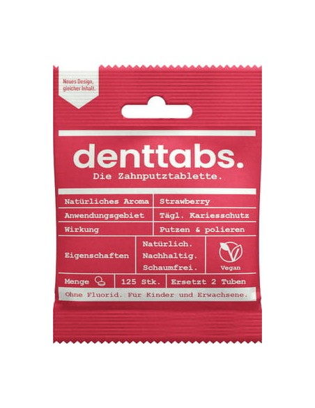 TABLETKI DO MYCIA ZĘBÓW DLA DZIECI TRUSKAWKOWE, BEZ FLUORU, MIĘTOWE, OPAKOWANIE BIODEGRADOWALNE, ZERO WASTE, 125SZT. DENTTABS