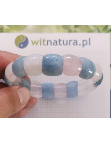 AGAT NIEBIESKI + KWARC RÓŻOWY, BRANOSOLETKA, PĘKATE PASTYLKI 14/12MM