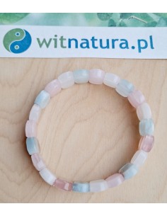 MIX KAMIENI: KWARC RÓŻOWY + KRYSZTAŁ GÓRSKI + AKWAMARYN, BRANOSLETKA, FASETOWANE PASTYLKI 8/12MM 2