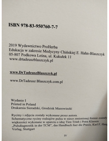 CHIŃSKA DIAGNOSTYKA Z PULSU - wydanie I. DR TADEUSZ BŁASZCZYK - PROHERBA